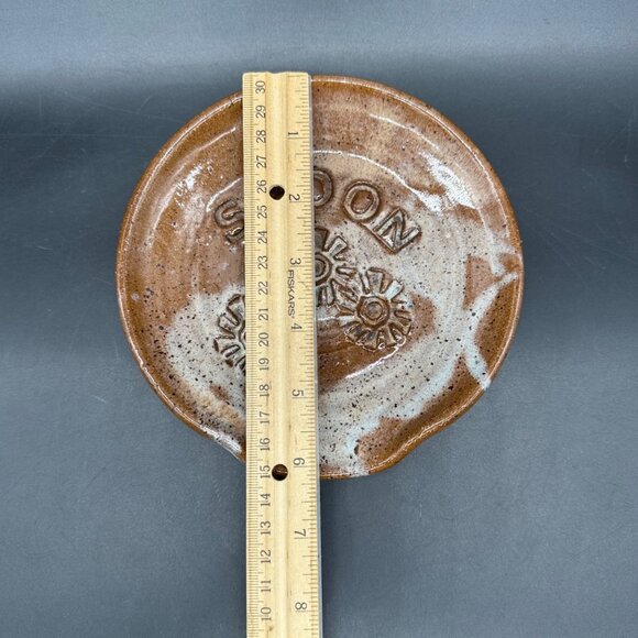 Vintage Art Pottery Spoon Rest Flower Power Daisy Stoneware Brown Drip Glaze - Picture 6 of 8